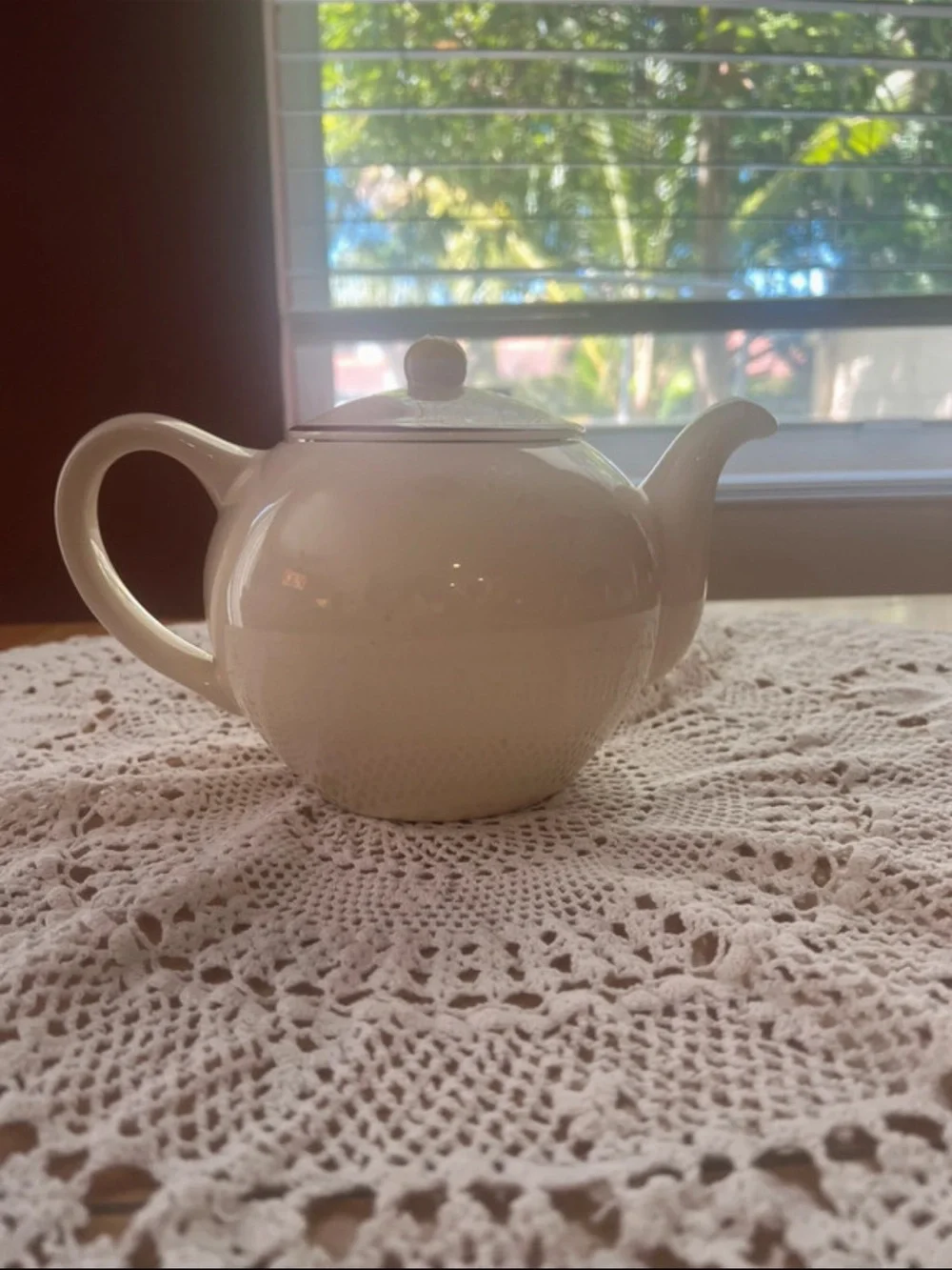 Vintage White Ceramic Teapot with Red Transfer Motif